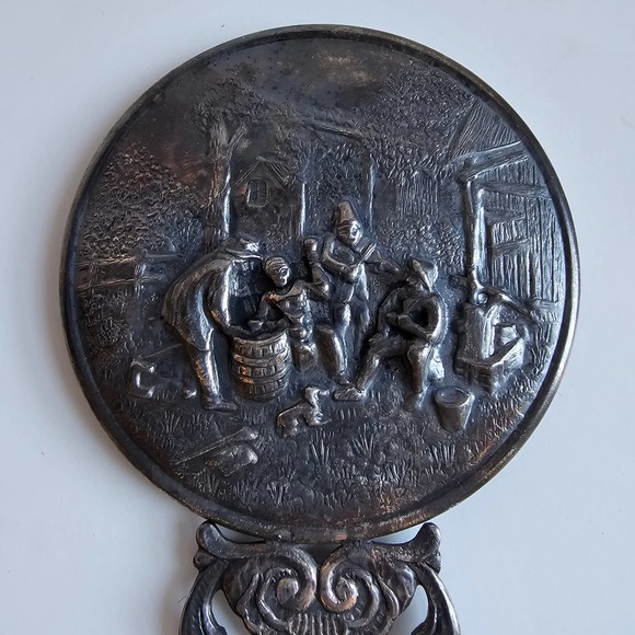 Hallmarked Denmark Hans Jensen Silver Plated Repousse Purse Hand Mirror Vintage - Picture 3 of 4